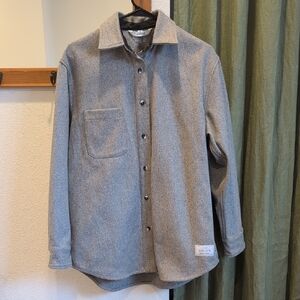Women's Grey Button-Up Wool Shirt Jacket